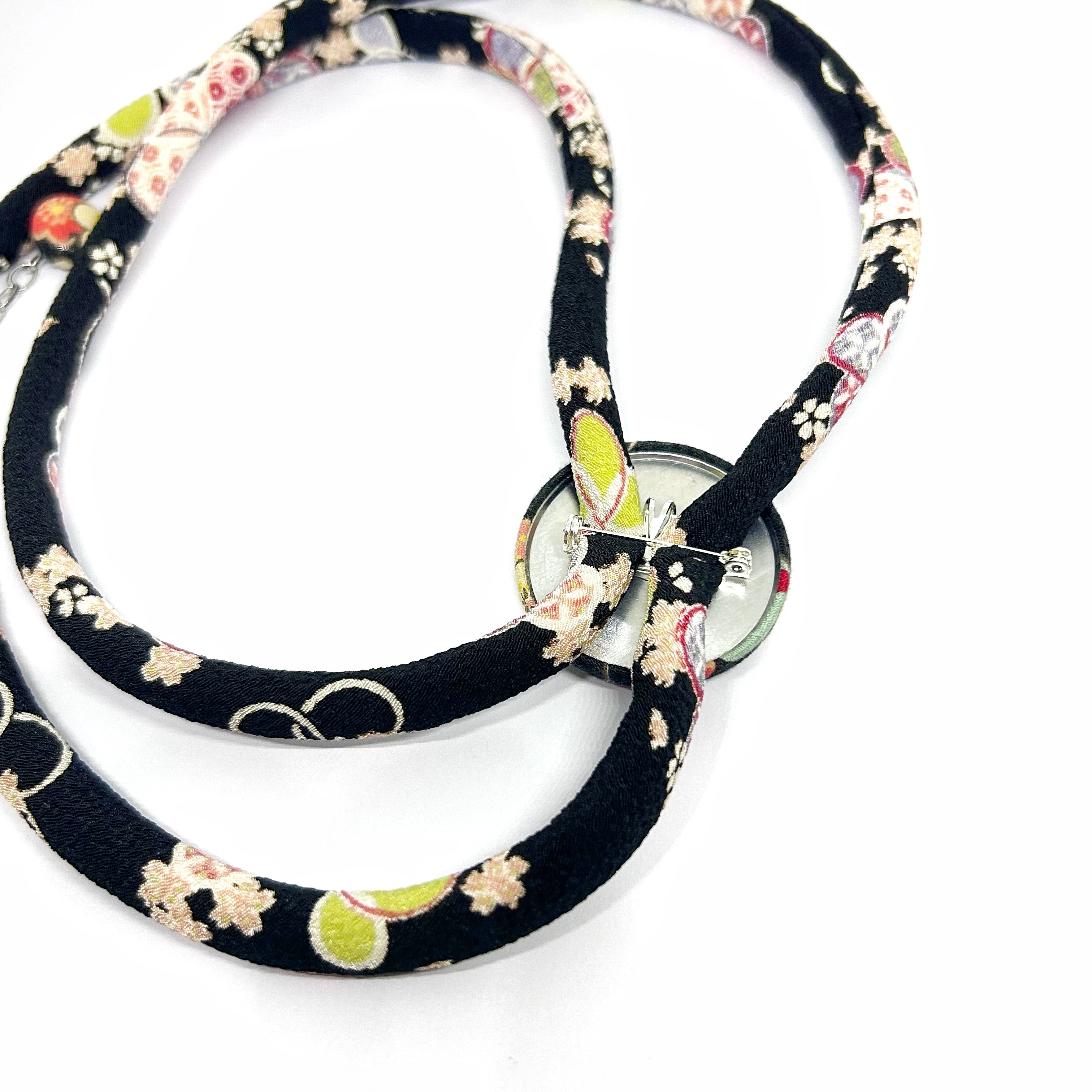 Kimono Cord Necklace - Pink and Black Floral