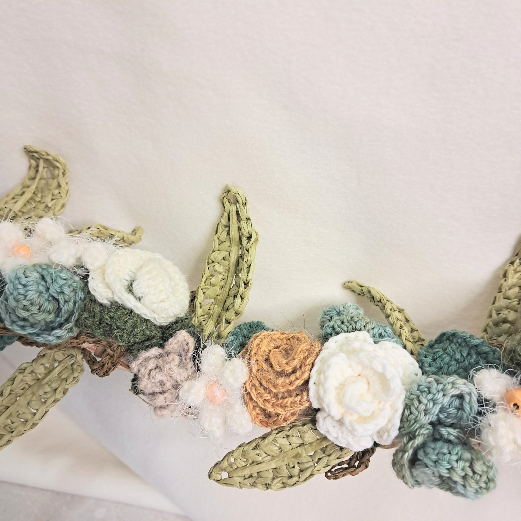 Handmade crochet Wedding Garland, roses, eucalyptus on raffia