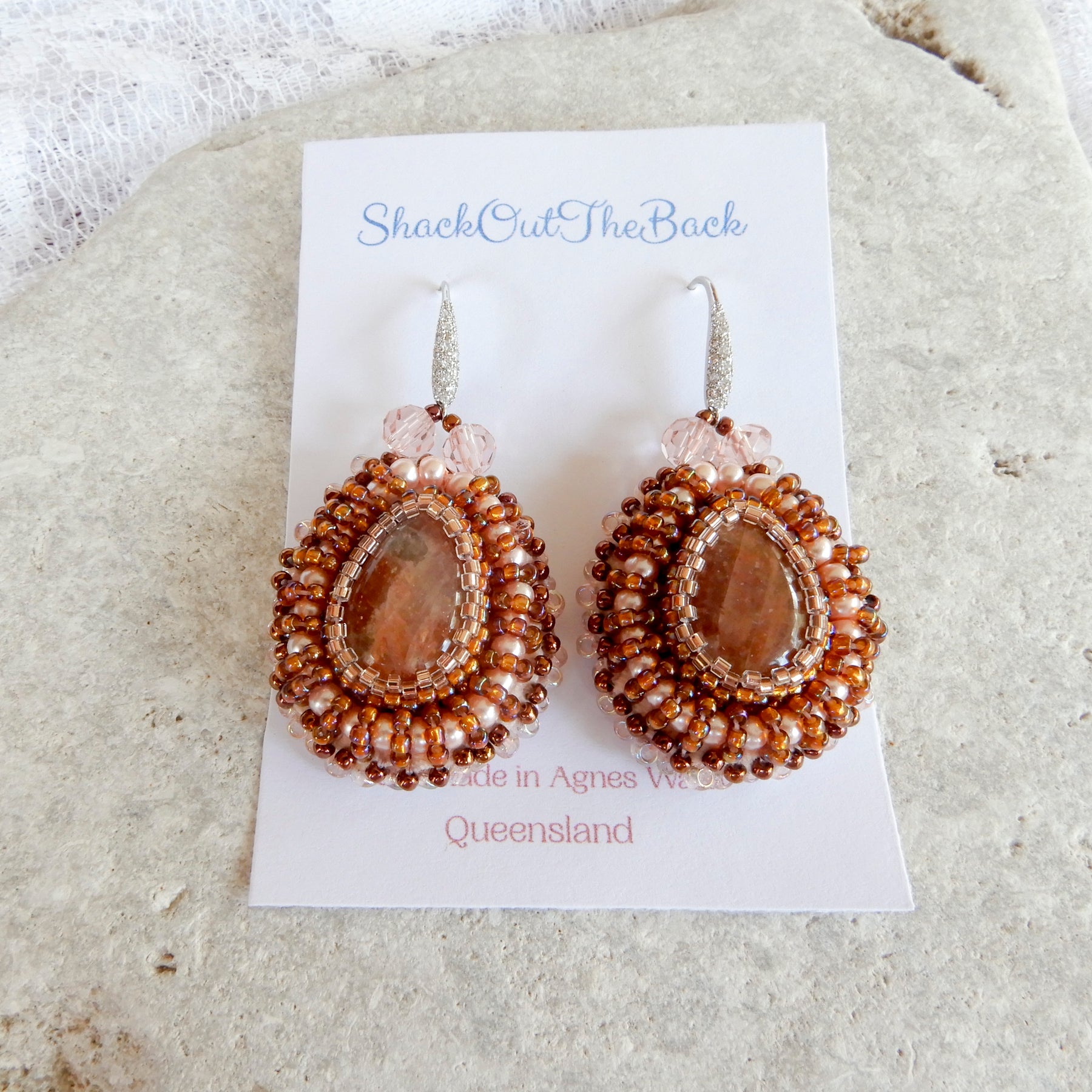 Bead Embroidered Goldstone & Crystal Earrings