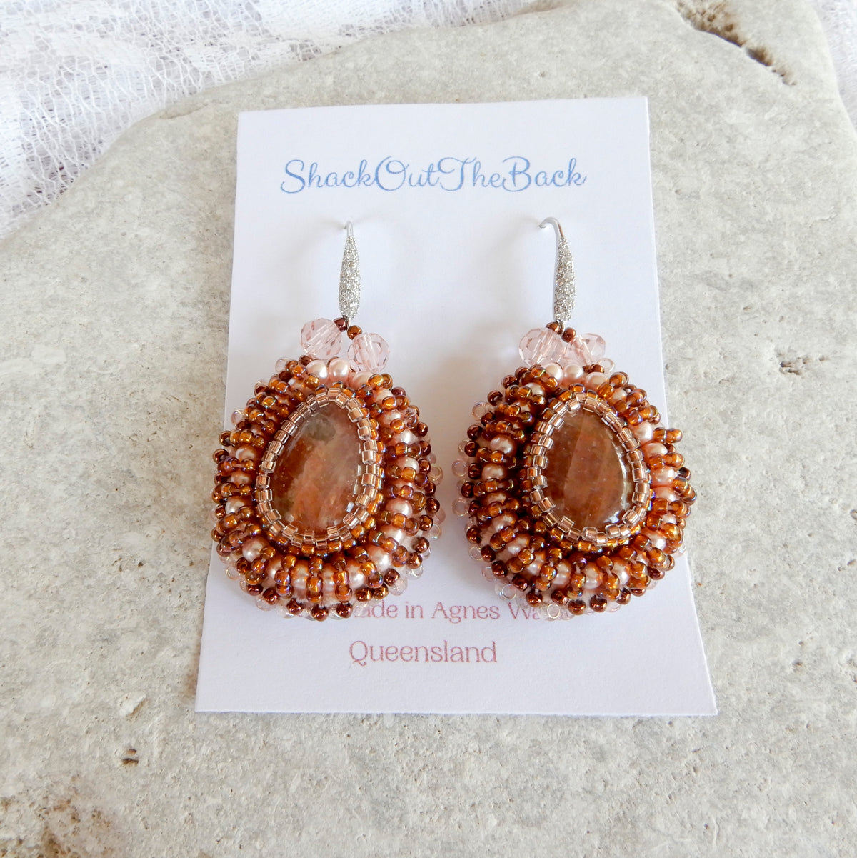 Bead Embroidered Goldstone & Crystal Earrings