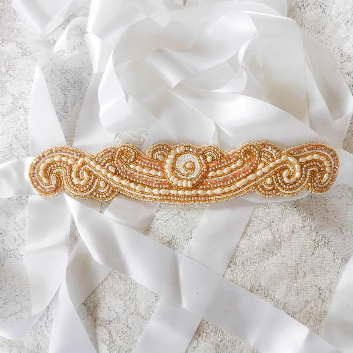 Bead Embroidered Gold & White Bridal Belt Sash