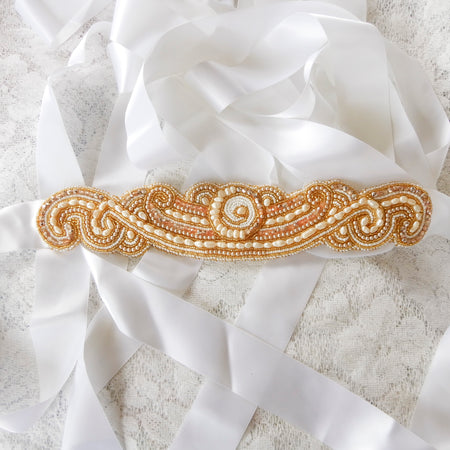 Bead Embroidered Gold & White Bridal Belt Sash