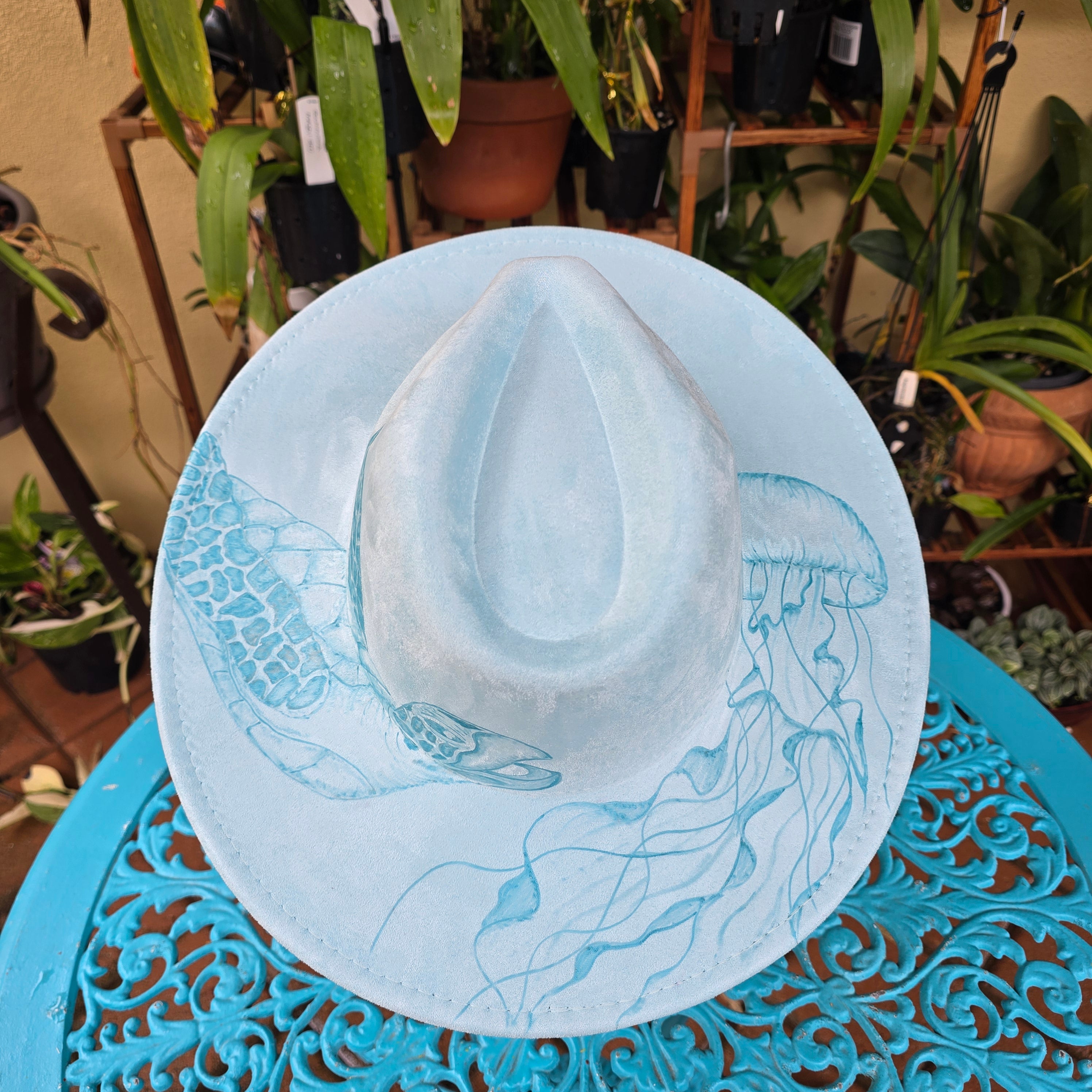 Hand burnt fedora hat : The turtle and The jellyfish