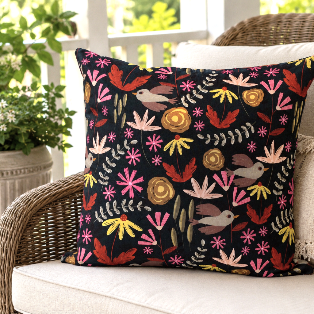 Floral cushion covers with bird detail- Dark Green. 45x45cm