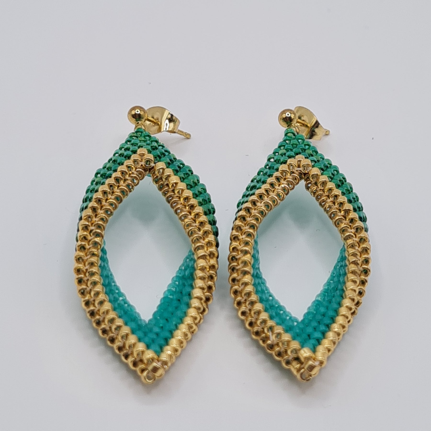 Emerald Lagoon Beaded Leaf Earrings – Green & Gold Delica Drops