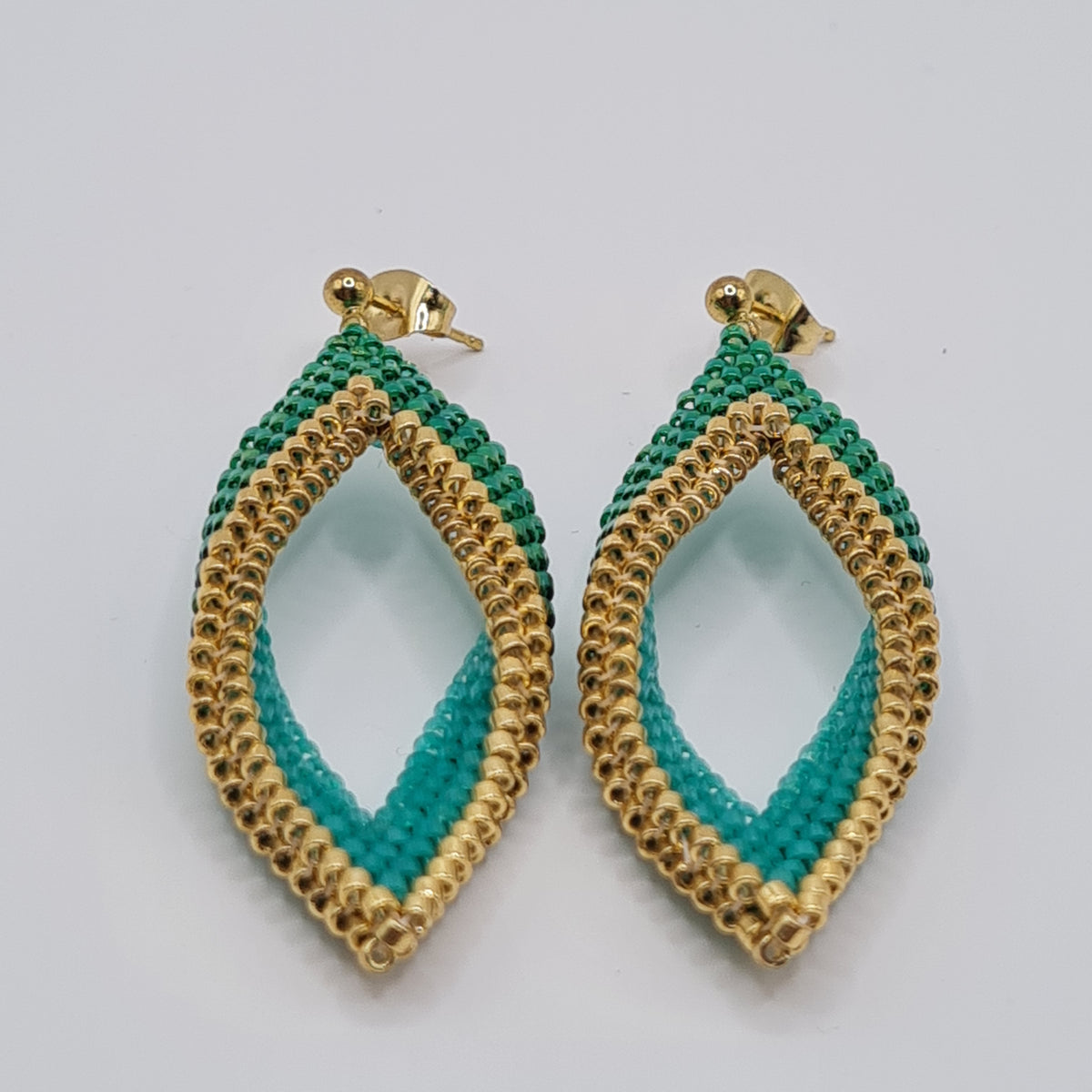 Emerald Lagoon Beaded Leaf Earrings – Green & Gold Delica Drops