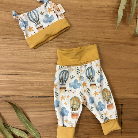 Baby Pants and Hat Set - Yellow Hot Air Baloons