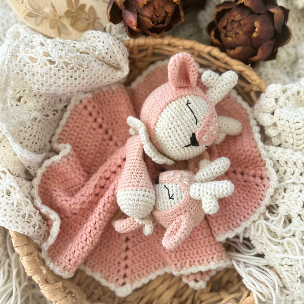 Crochet Fawn Snuggler And Fawn Grasping Toy Baby Gift Set