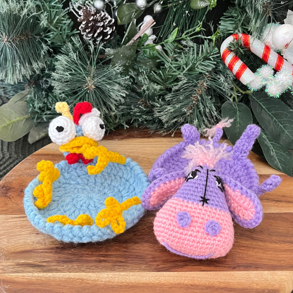 Crochet Donkey Rooster Flip Up Cup Coasters Gift Pack