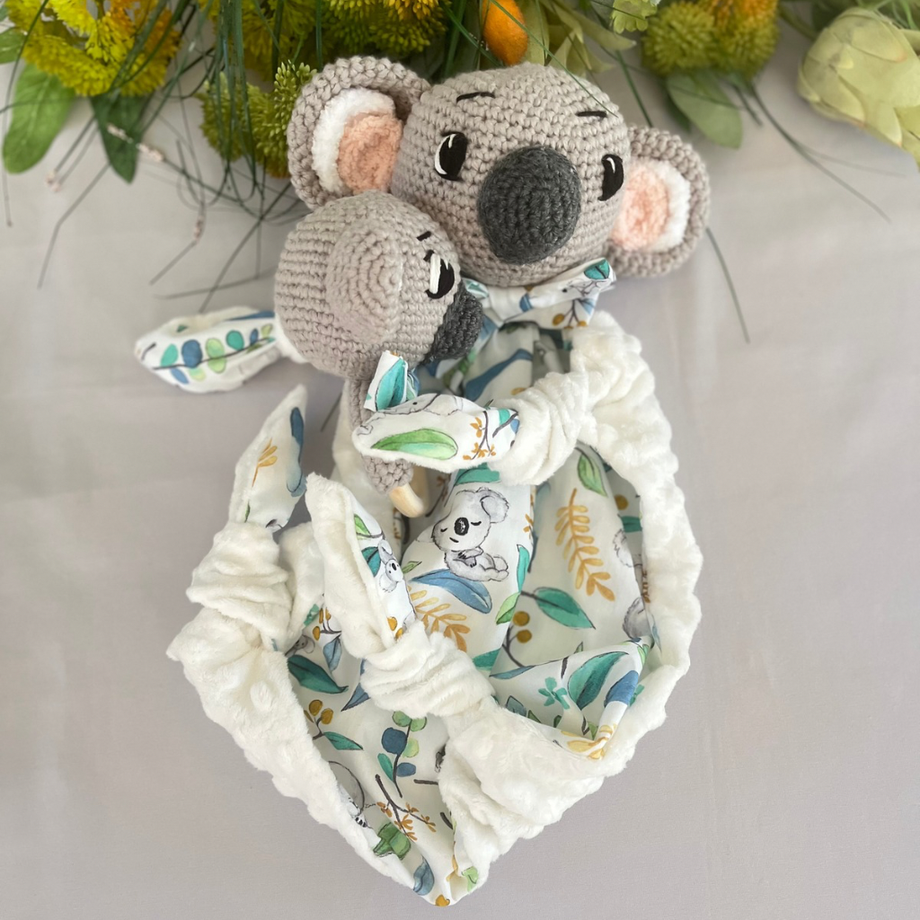 Crochet Koala Bear Tommy Lovey Blanket  & Koala Bear Grasping Toy