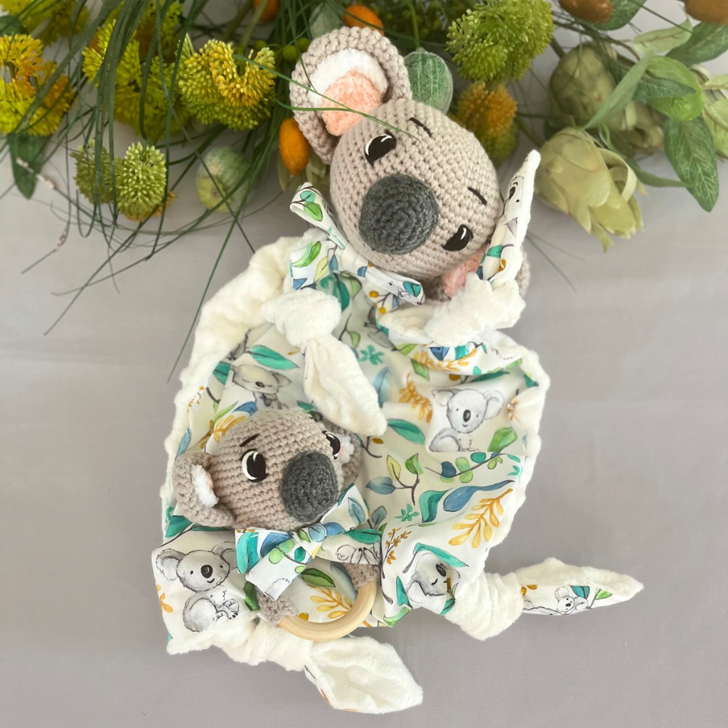 Crochet Koala Bear Tommy Lovey Blanket  & Koala Bear Grasping Toy