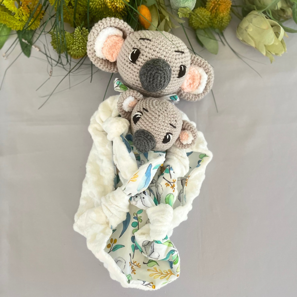 Crochet Koala Bear Tommy Lovey Blanket  & Koala Bear Grasping Toy