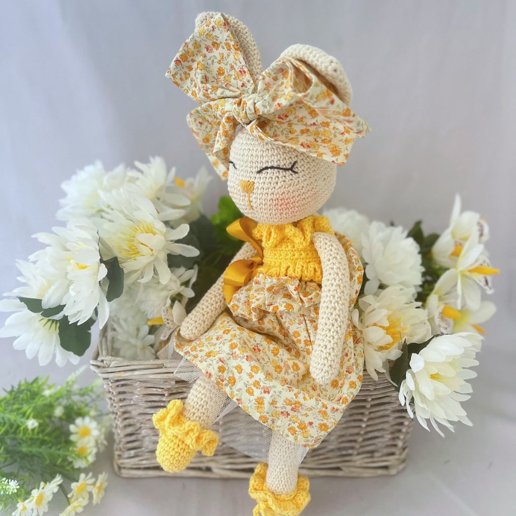 Handmade Crochet Bunny Doll Miss Honey|Matching Bow Carry Bag