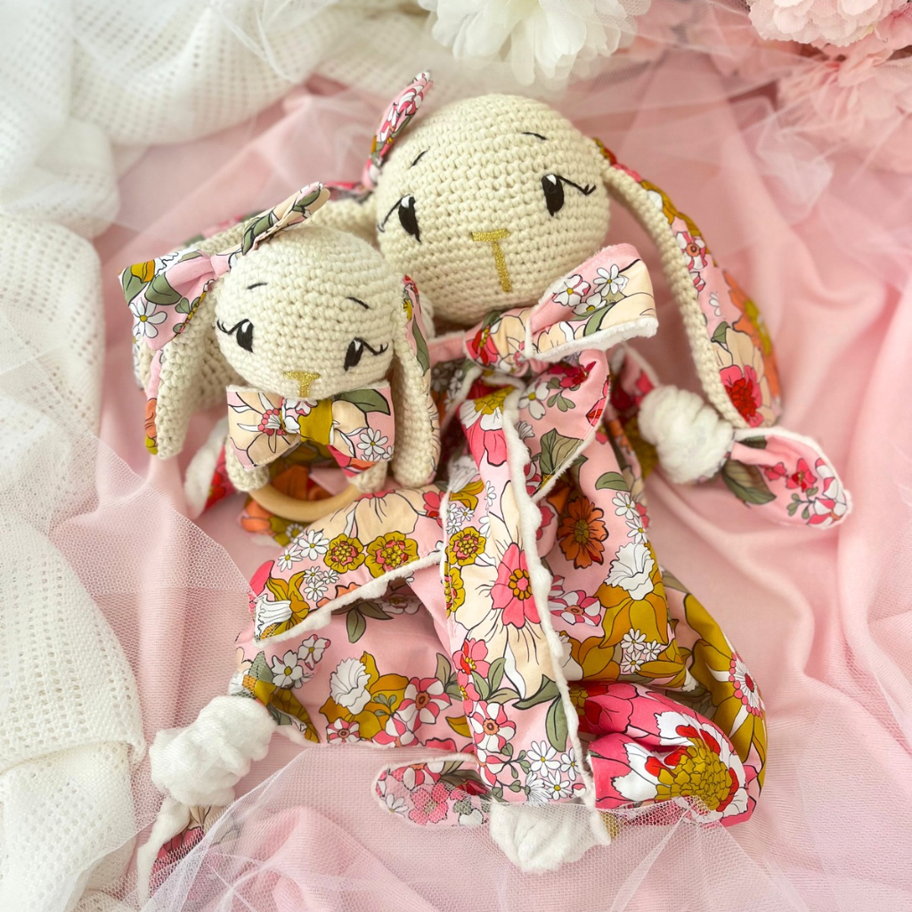 Handmade Crochet Bunny Snuggler & Bunny Grasping Toy Gift Set