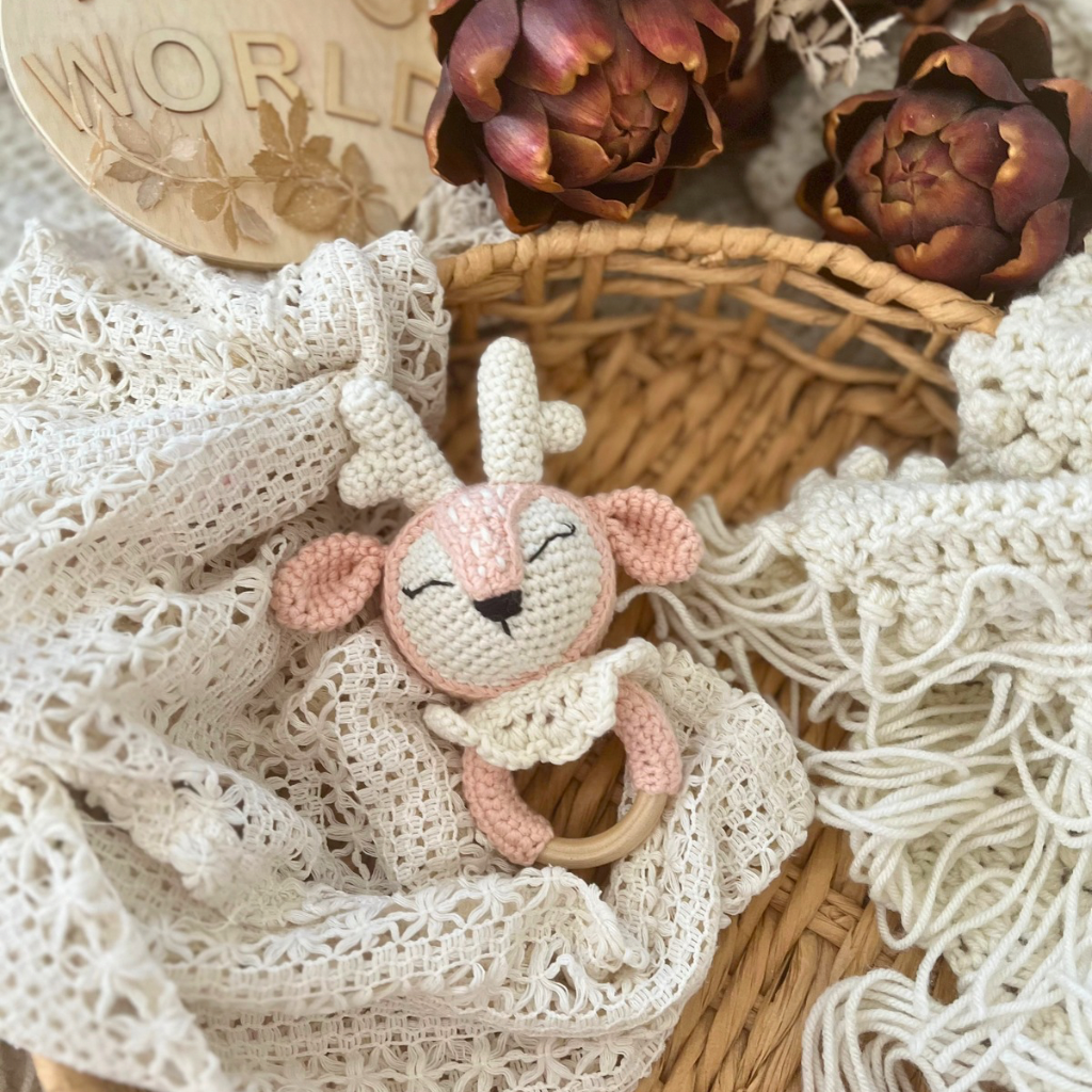 Crochet Fawn Snuggler And Fawn Grasping Toy Baby Gift Set