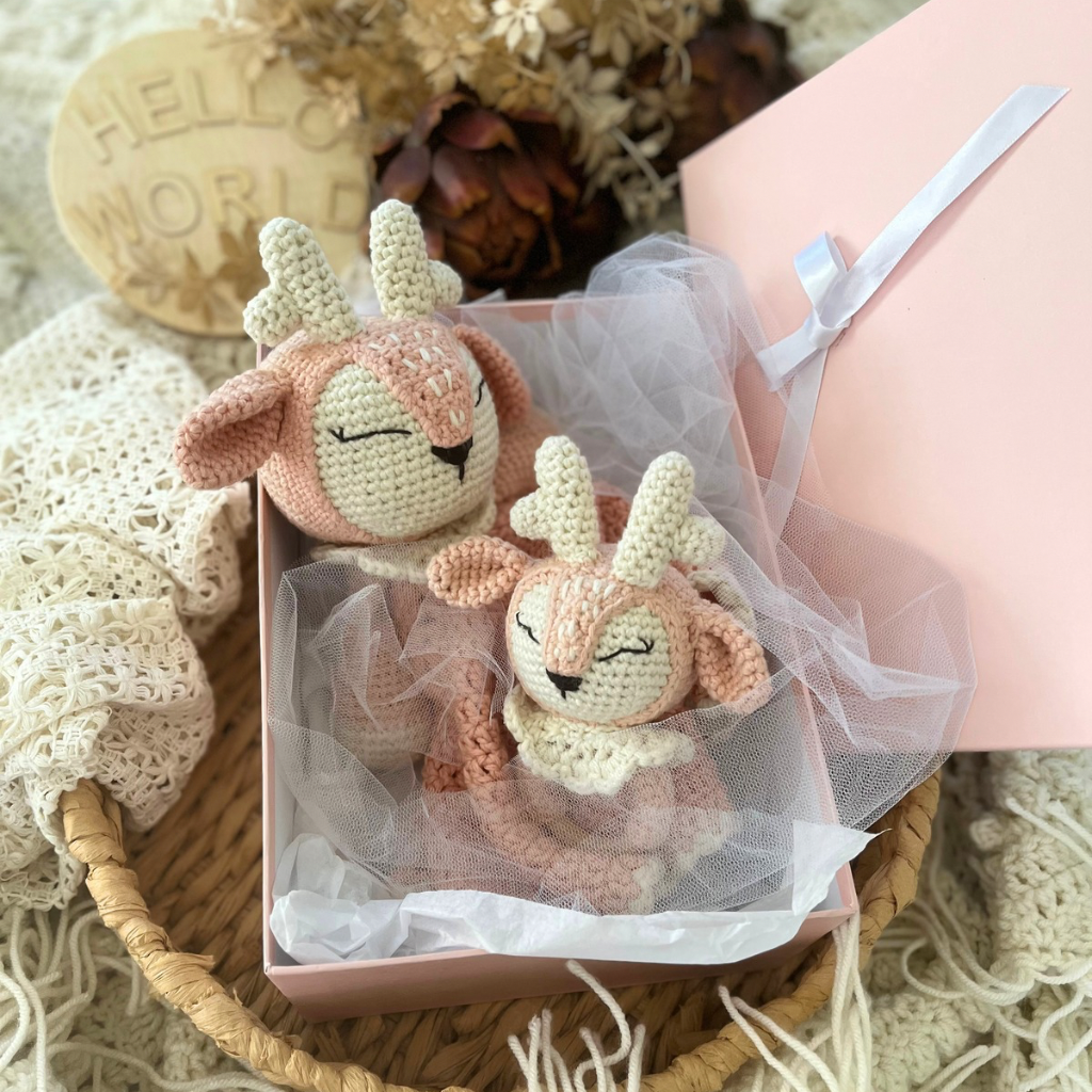 Crochet Fawn Snuggler And Fawn Grasping Toy Baby Gift Set