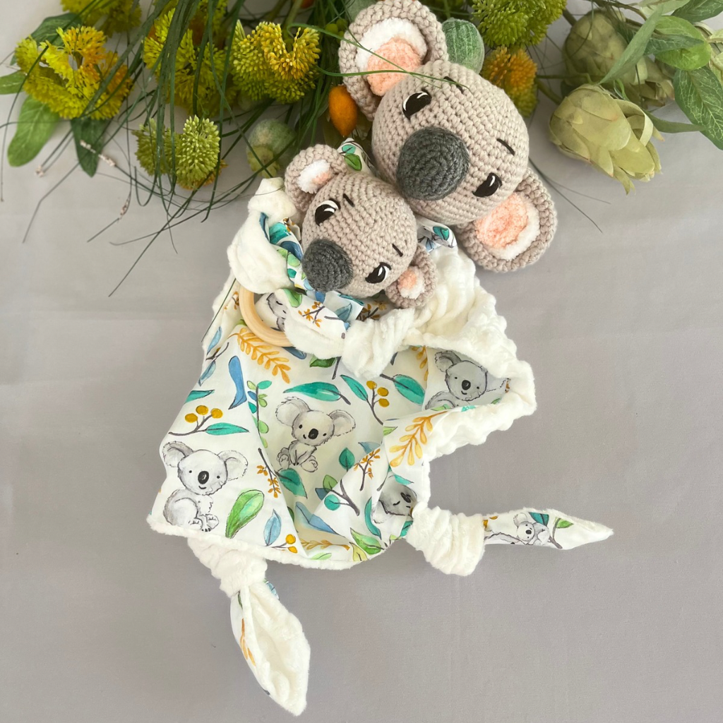 Crochet Koala Bear Tommy Lovey Blanket  & Koala Bear Grasping Toy