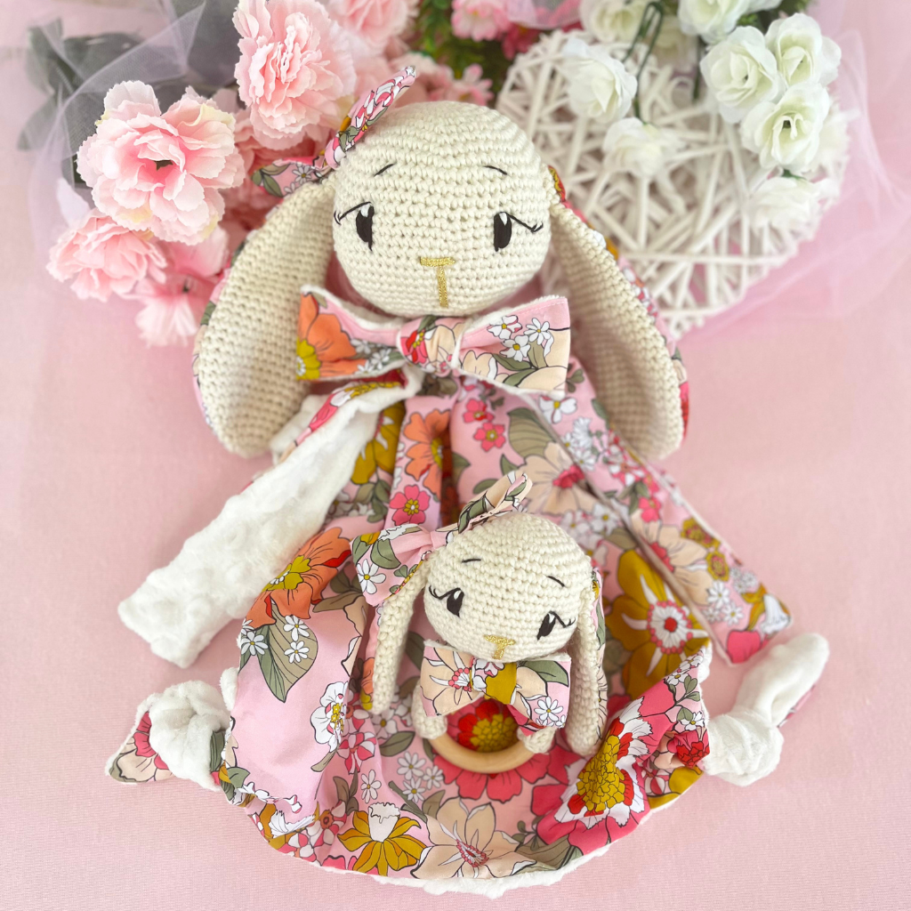Handmade Crochet Bunny Snuggler & Bunny Grasping Toy Gift Set