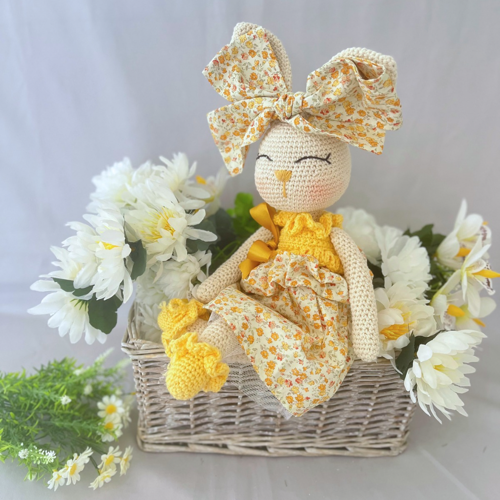 Handmade Crochet Bunny Doll Miss Honey|Matching Bow Carry Bag