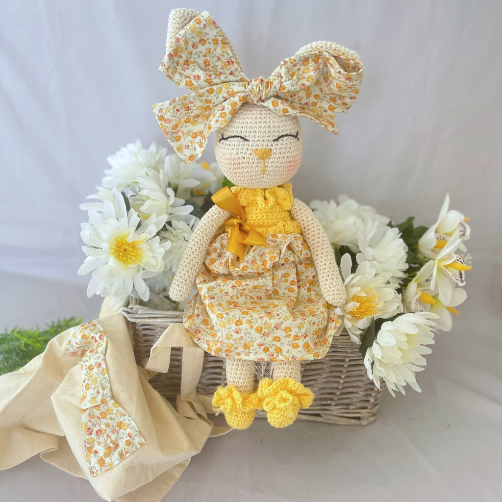 Handmade Crochet Bunny Doll Miss Honey|Matching Bow Carry Bag