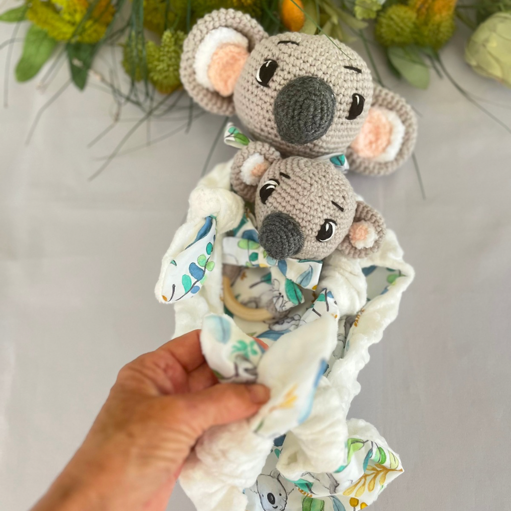 Crochet Koala Bear Tommy Lovey Blanket  & Koala Bear Grasping Toy