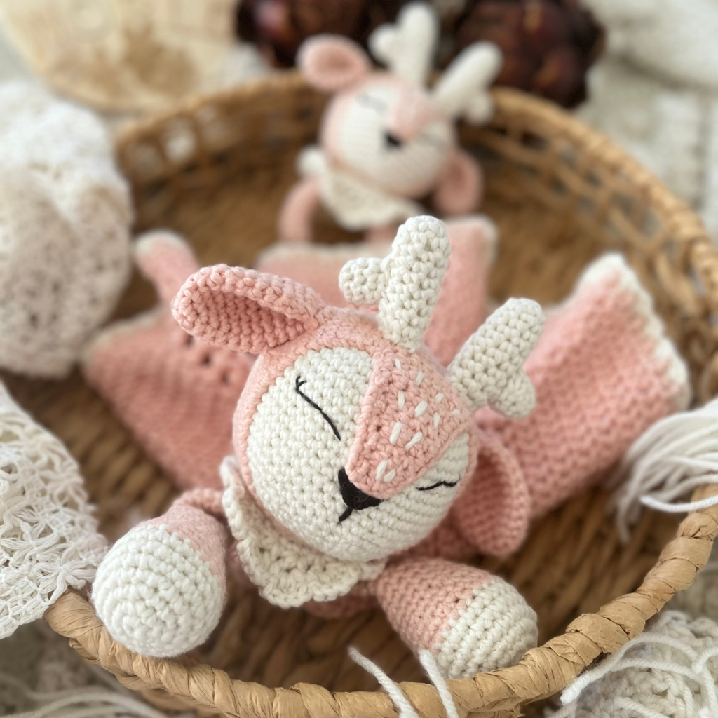 Crochet Fawn Snuggler And Fawn Grasping Toy Baby Gift Set