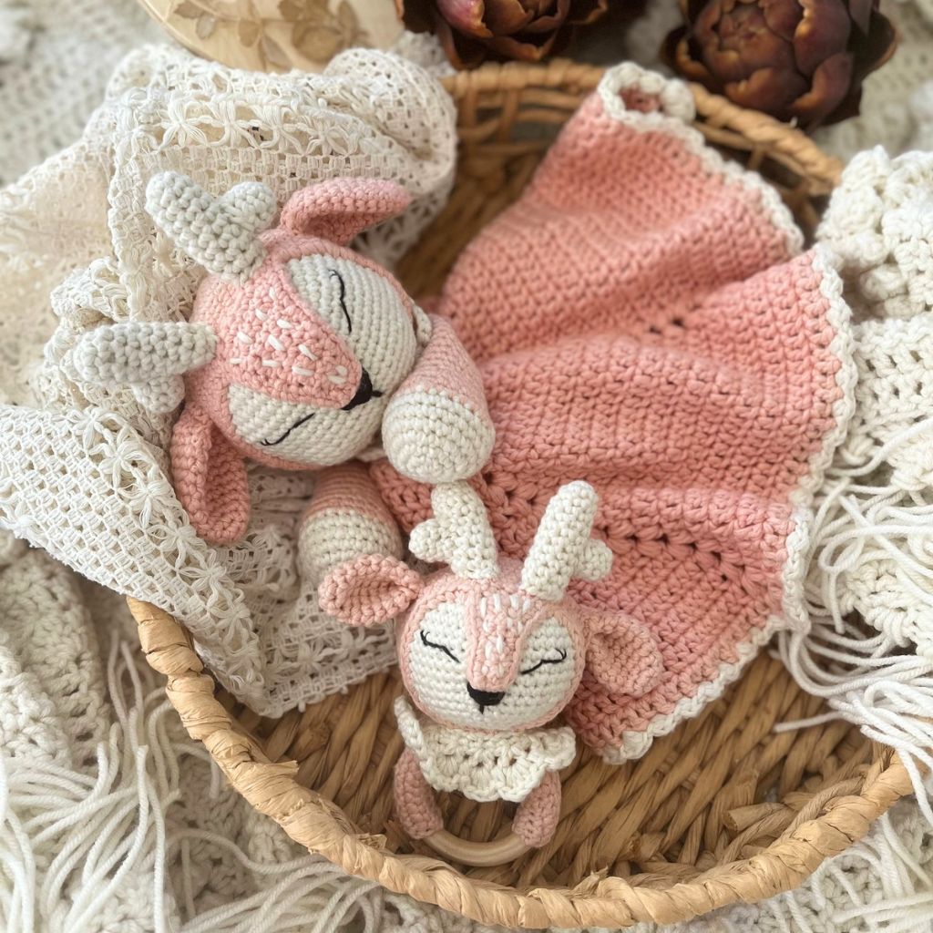 Crochet Fawn Snuggler And Fawn Grasping Toy Baby Gift Set