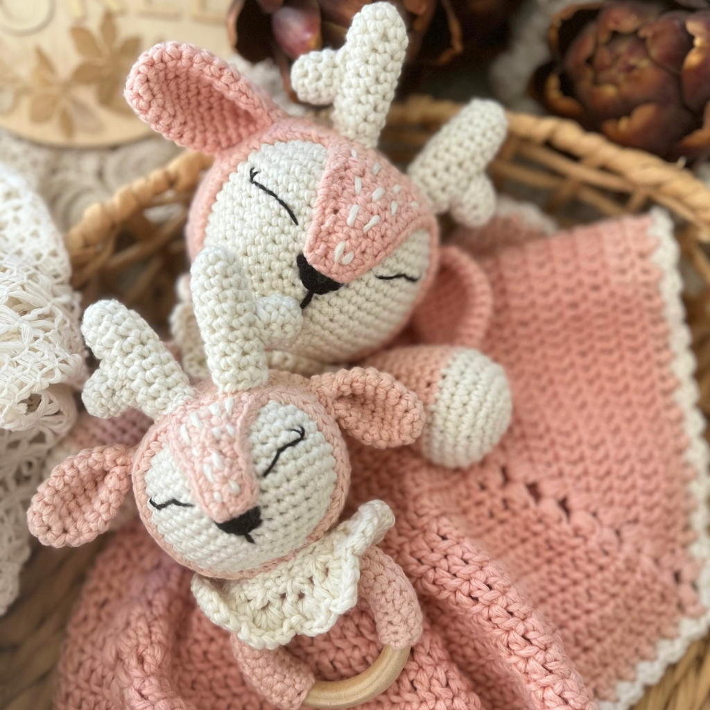 Crochet Fawn Snuggler And Fawn Grasping Toy Baby Gift Set