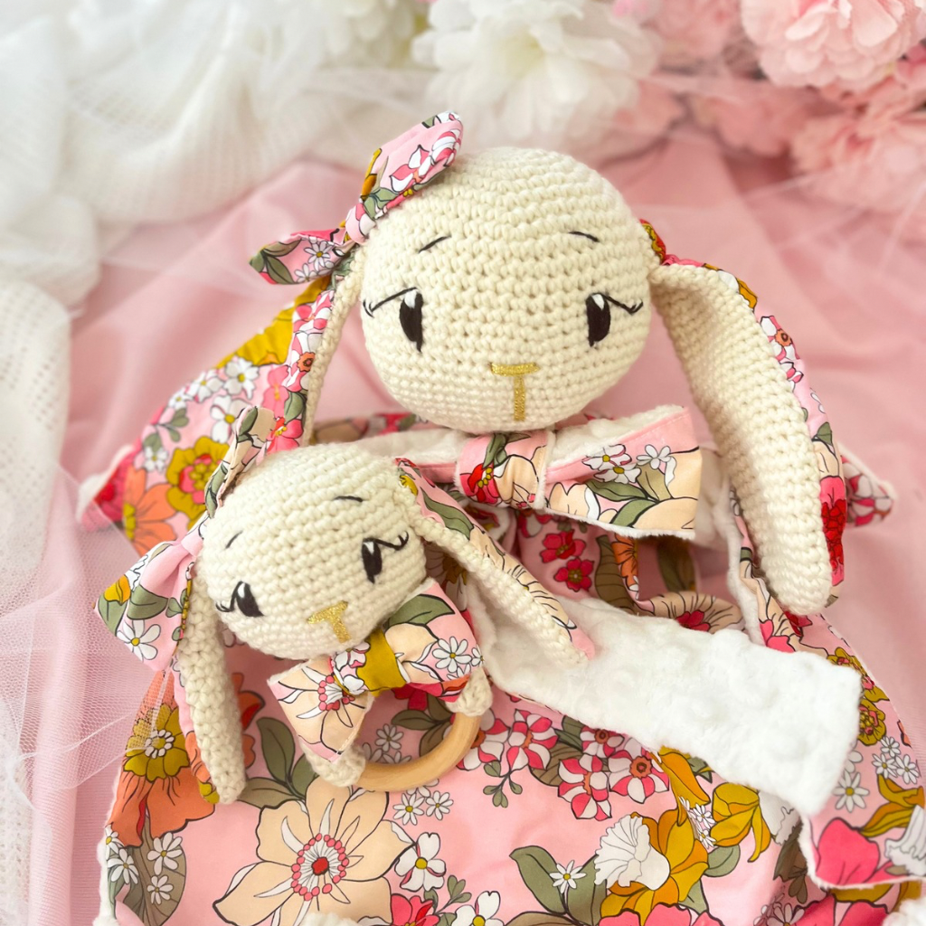 Handmade Crochet Bunny Snuggler & Bunny Grasping Toy Gift Set