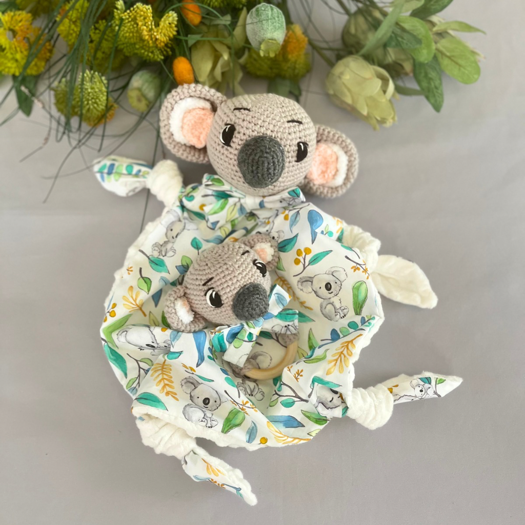 Crochet Koala Bear Tommy Lovey Blanket  & Koala Bear Grasping Toy