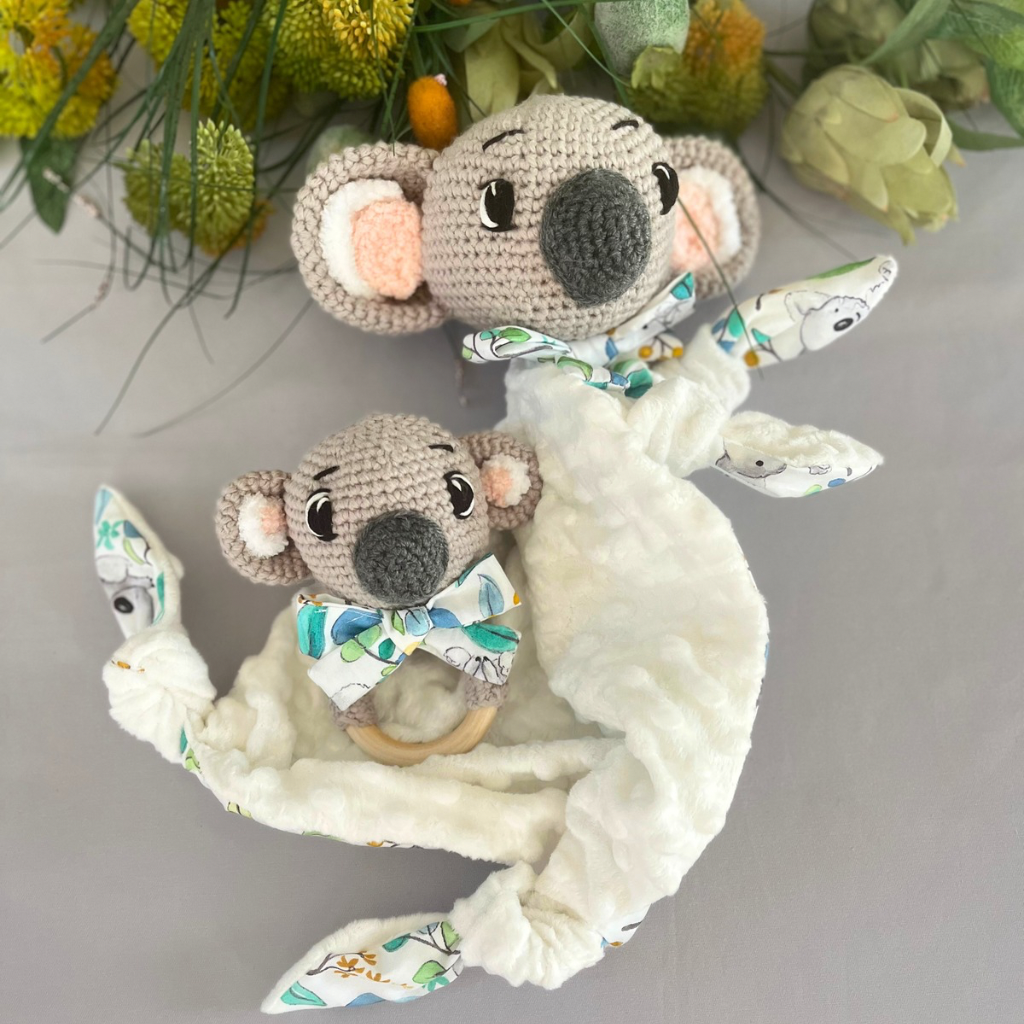 Crochet Koala Bear Tommy Lovey Blanket  & Koala Bear Grasping Toy
