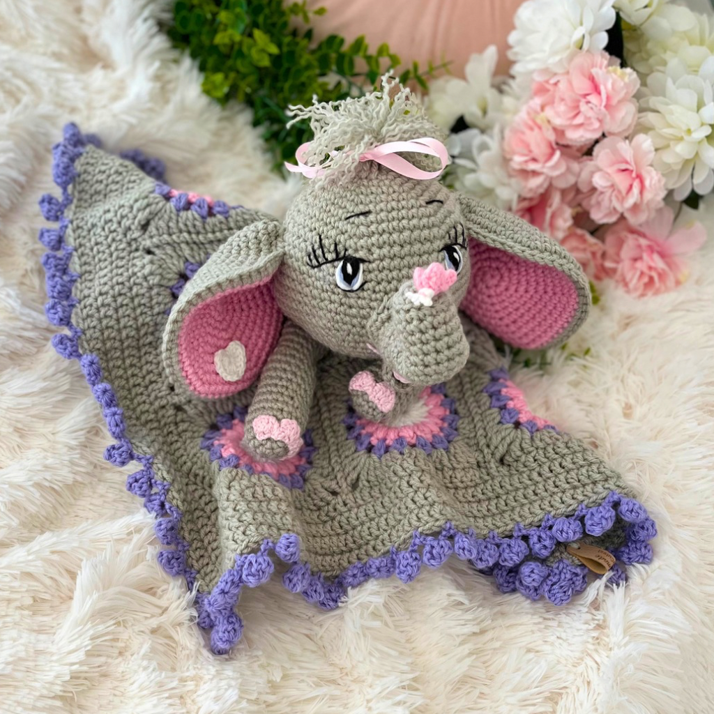Crochet Elephant Lovey Blanket Miss Ellie, Crochet Elephant Snuggler
