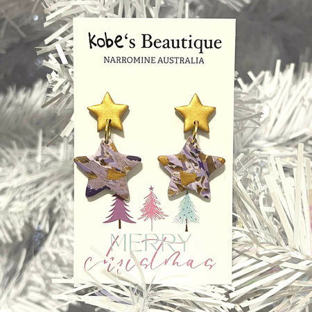 Purple Christmas Star Earrings with Gold Star Tops