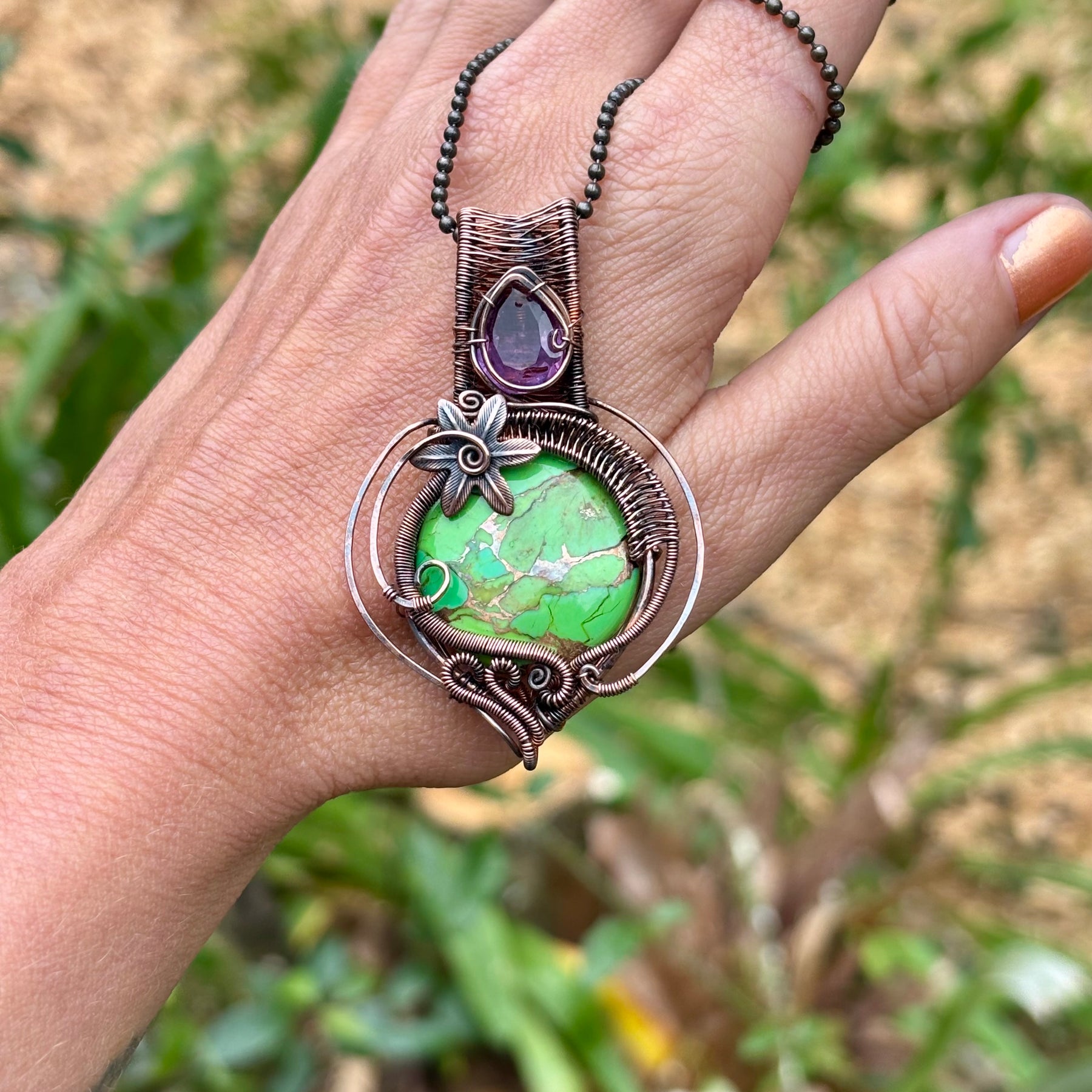 Mojave Turquoise/Amethyst copper crystal pendant