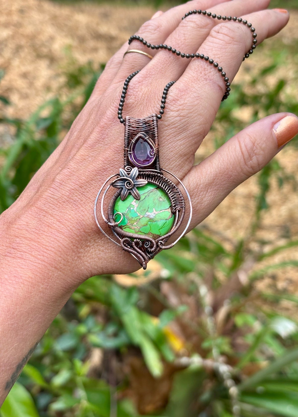 Mojave Turquoise/Amethyst copper crystal pendant