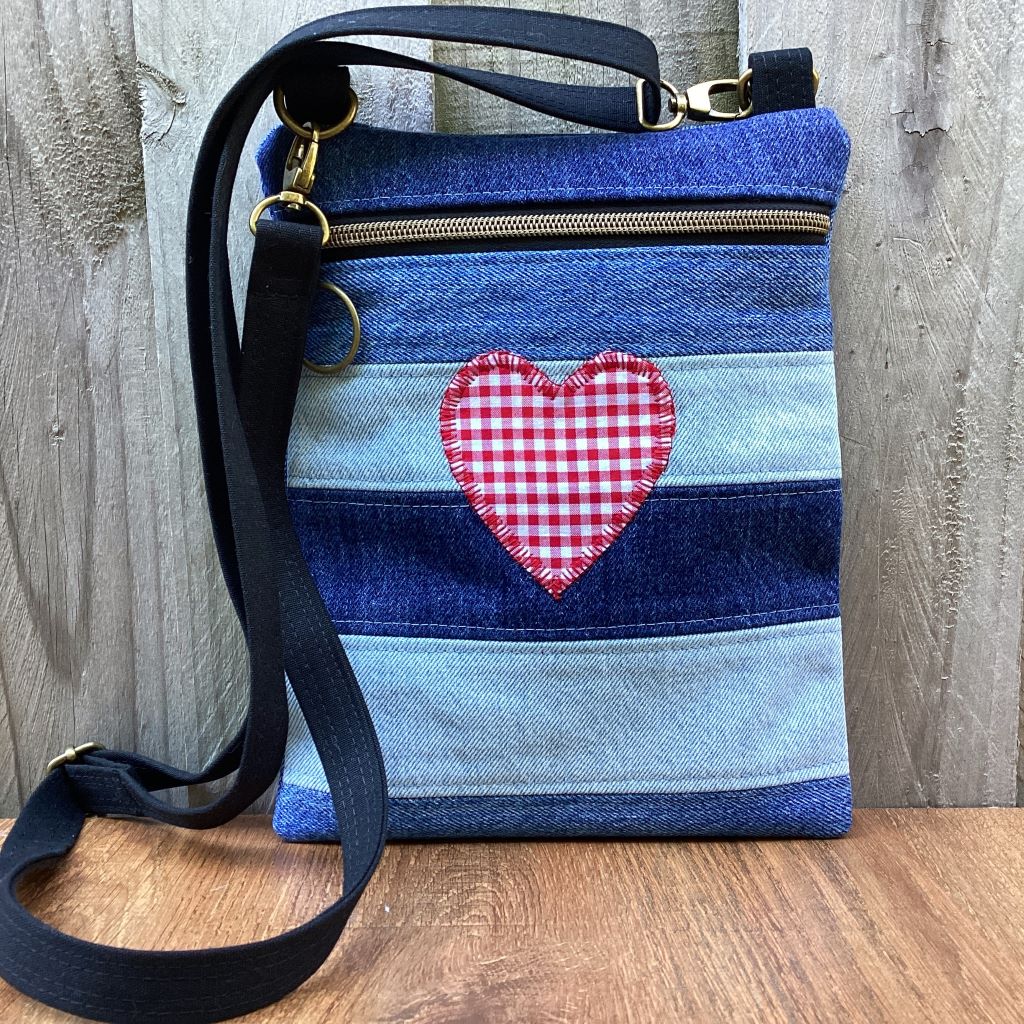 Upcycled Denim Crossbody Bag - Red Gingham Heart