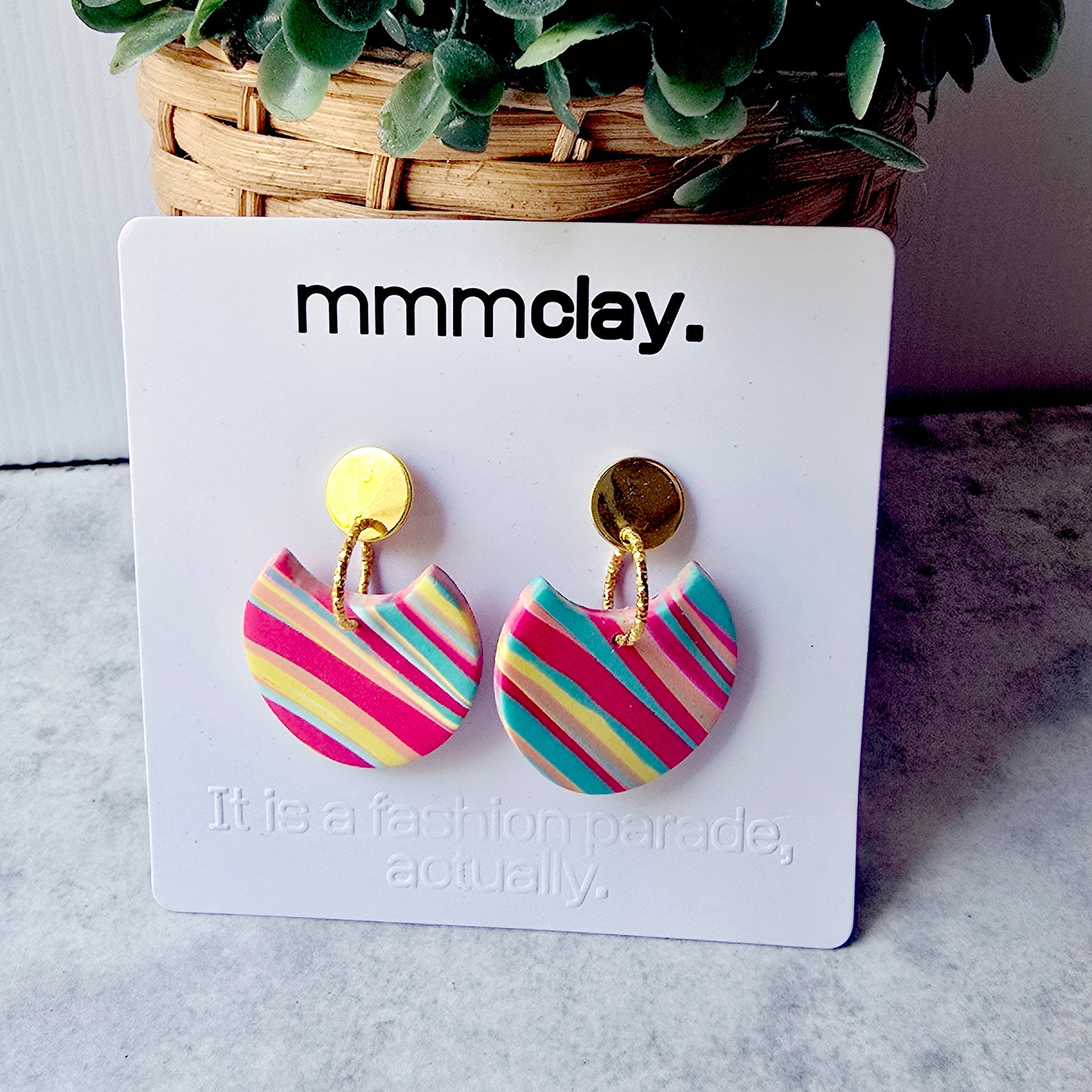 Multicolour Striped Polymer Clay Statement Drop Earrings | 9K Gold Plated