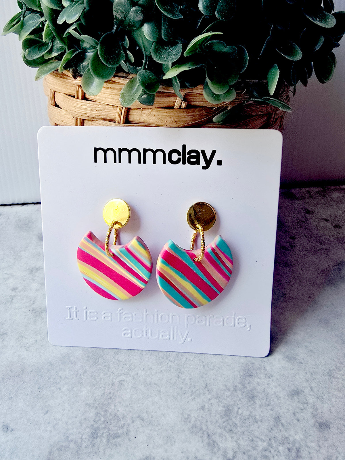 Multicolour Striped Polymer Clay Statement Drop Earrings | 9K Gold Plated