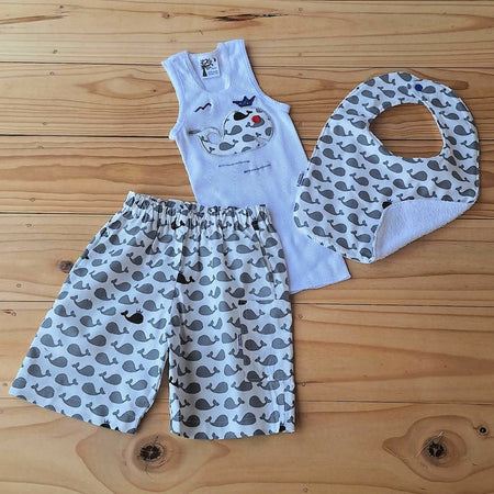 Toddler Boys Singlet, Shorts & Bib Set in Whale Print | Size 2