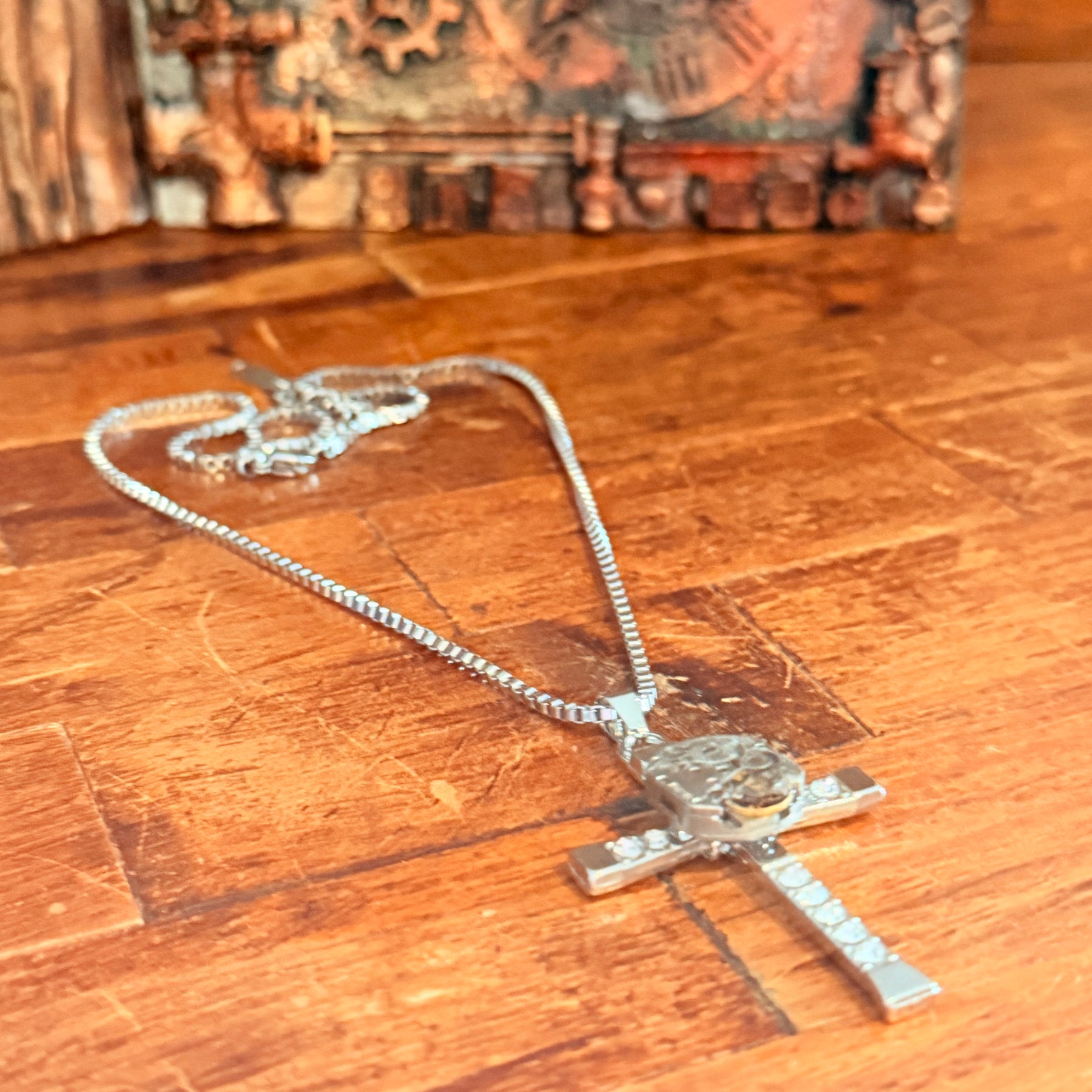Steampunk watch movement cross necklace