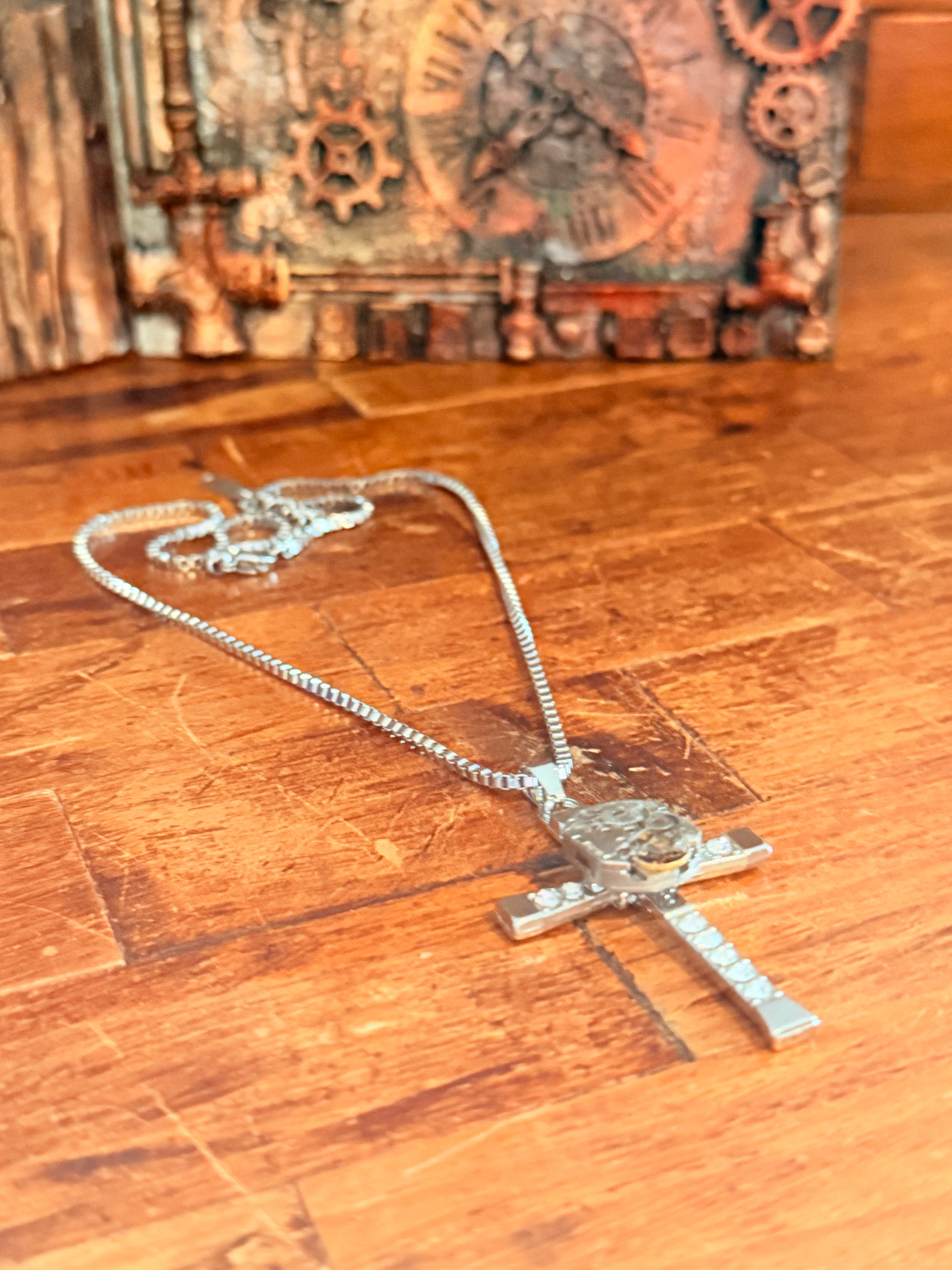 Steampunk watch movement cross necklace