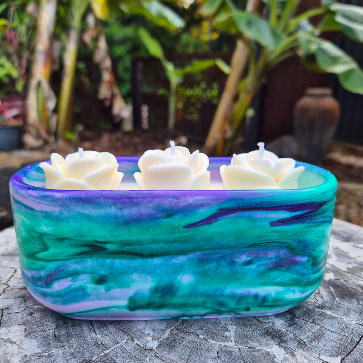 Green and purple concrete bowl candle with gardenia and roses