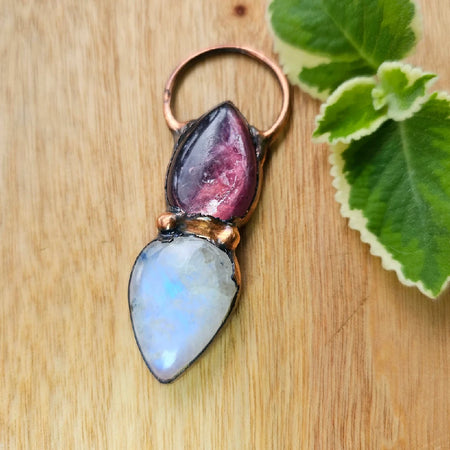 Gemmy Lepidolite and Rainbow Moonstone Electroformed Copper Pendant