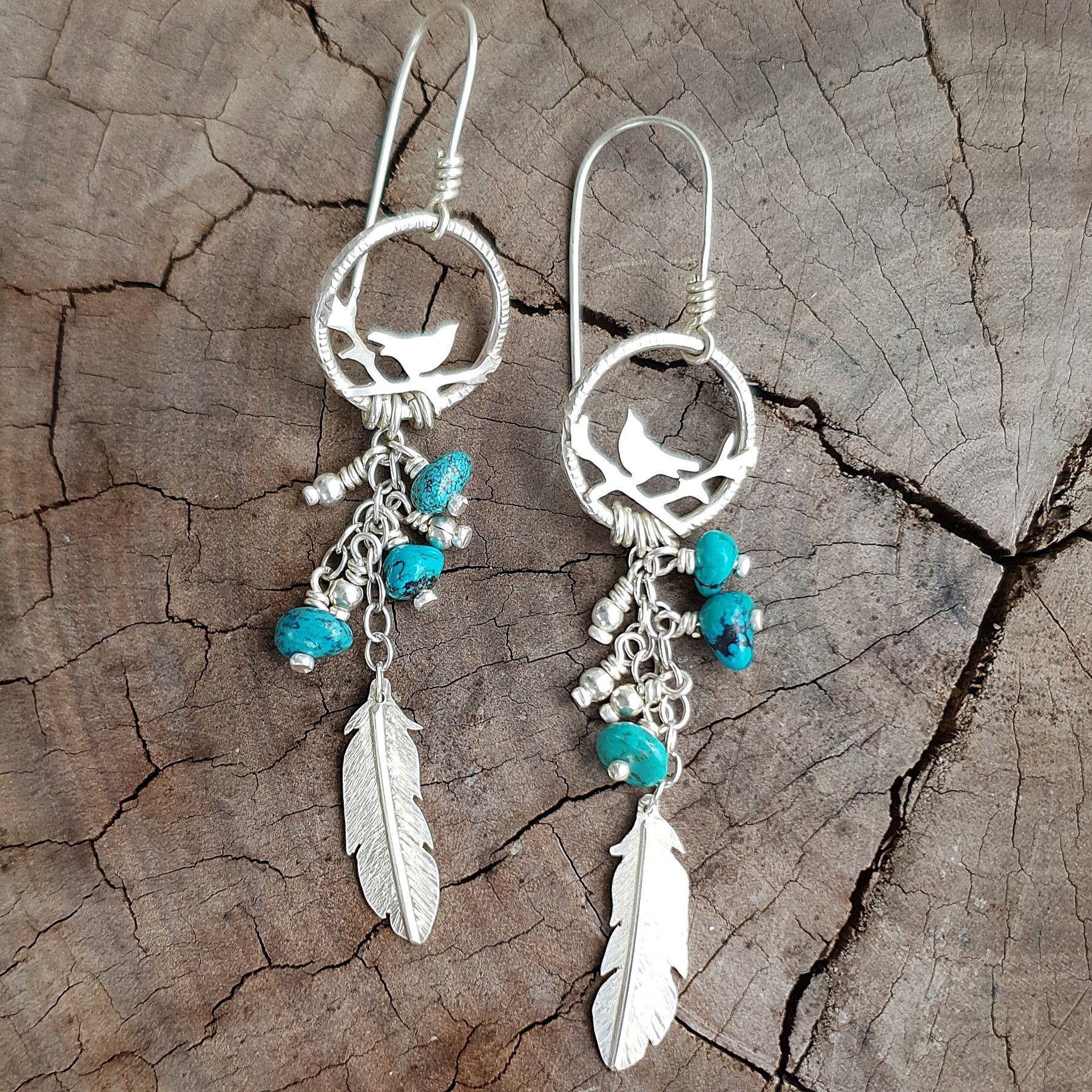 Free as a bird silver earrings with turquoise beads