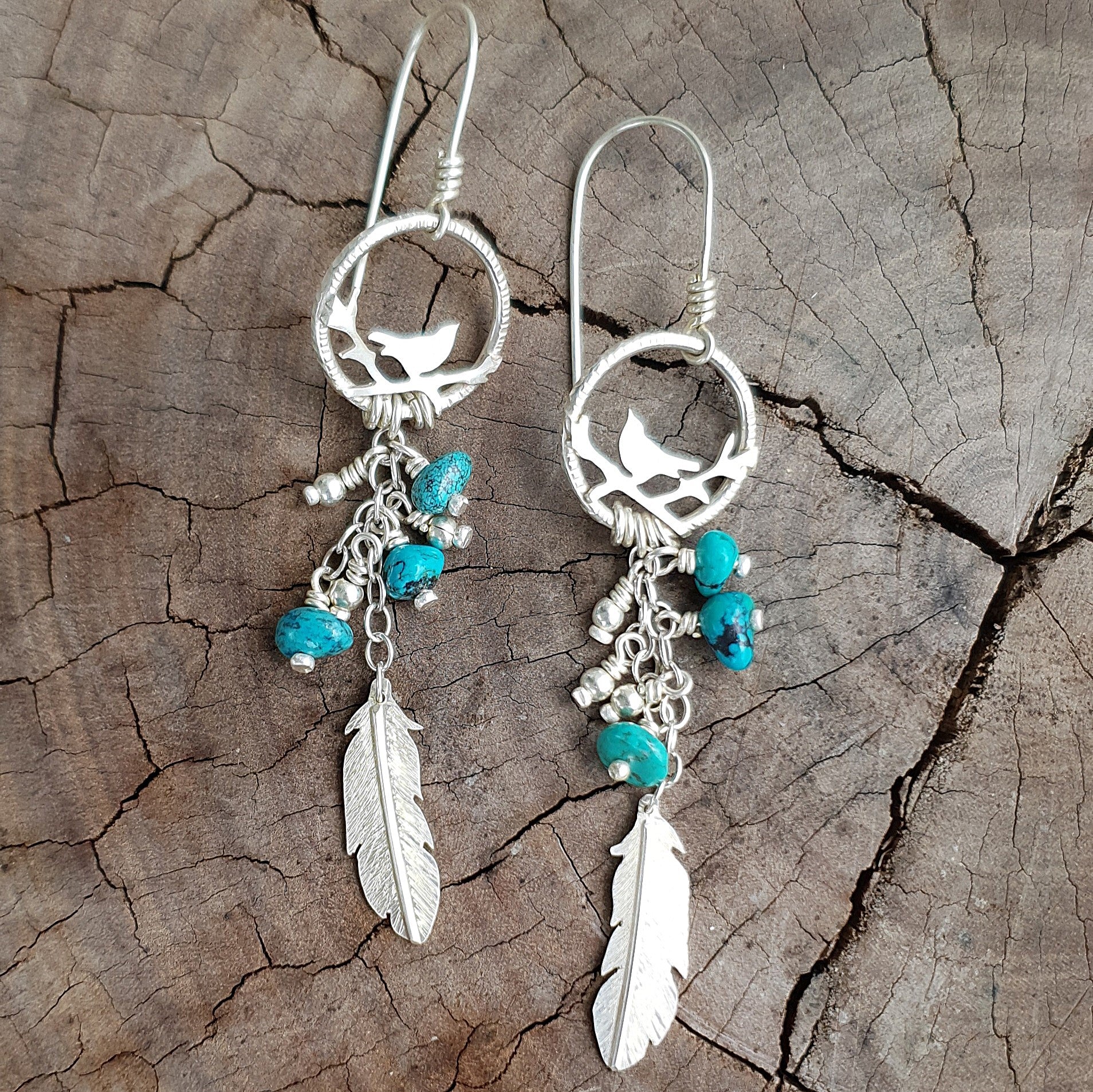 Free as a bird silver earrings with turquoise beads