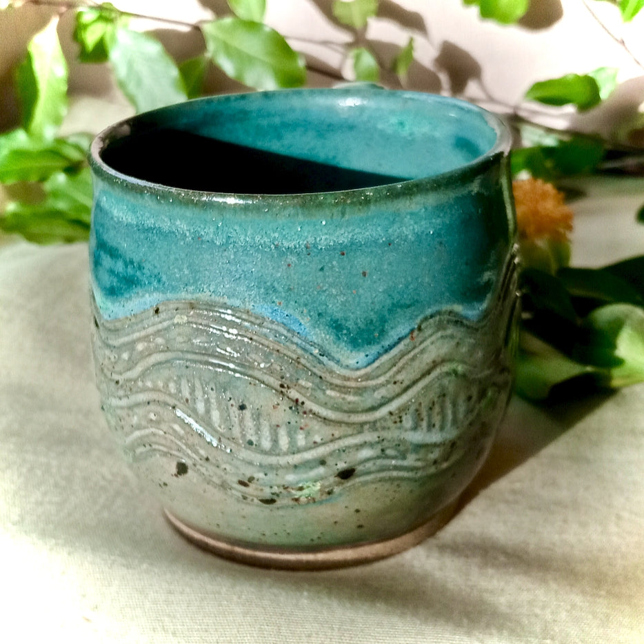Turquoise and grey/green hand made mug
