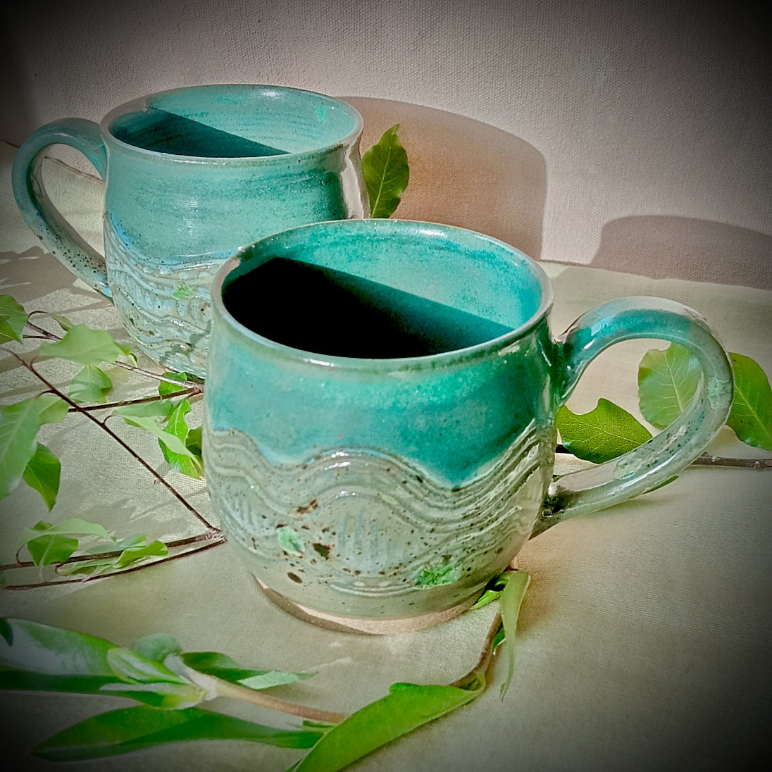Turquoise and grey/green hand made mug