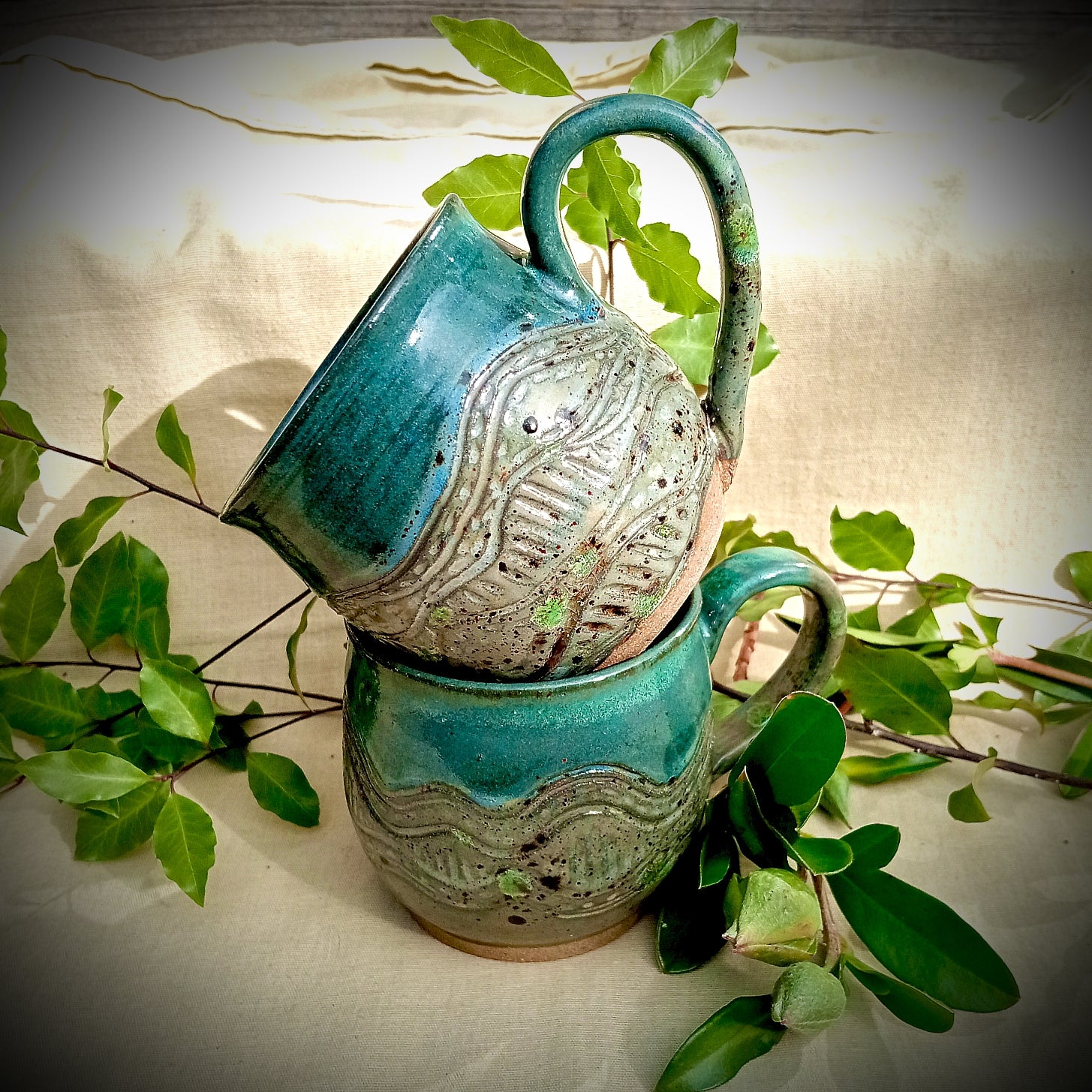Turquoise and grey/green hand made mug