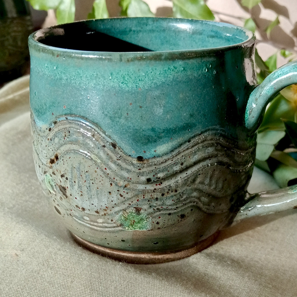 Turquoise and grey/green hand made mug