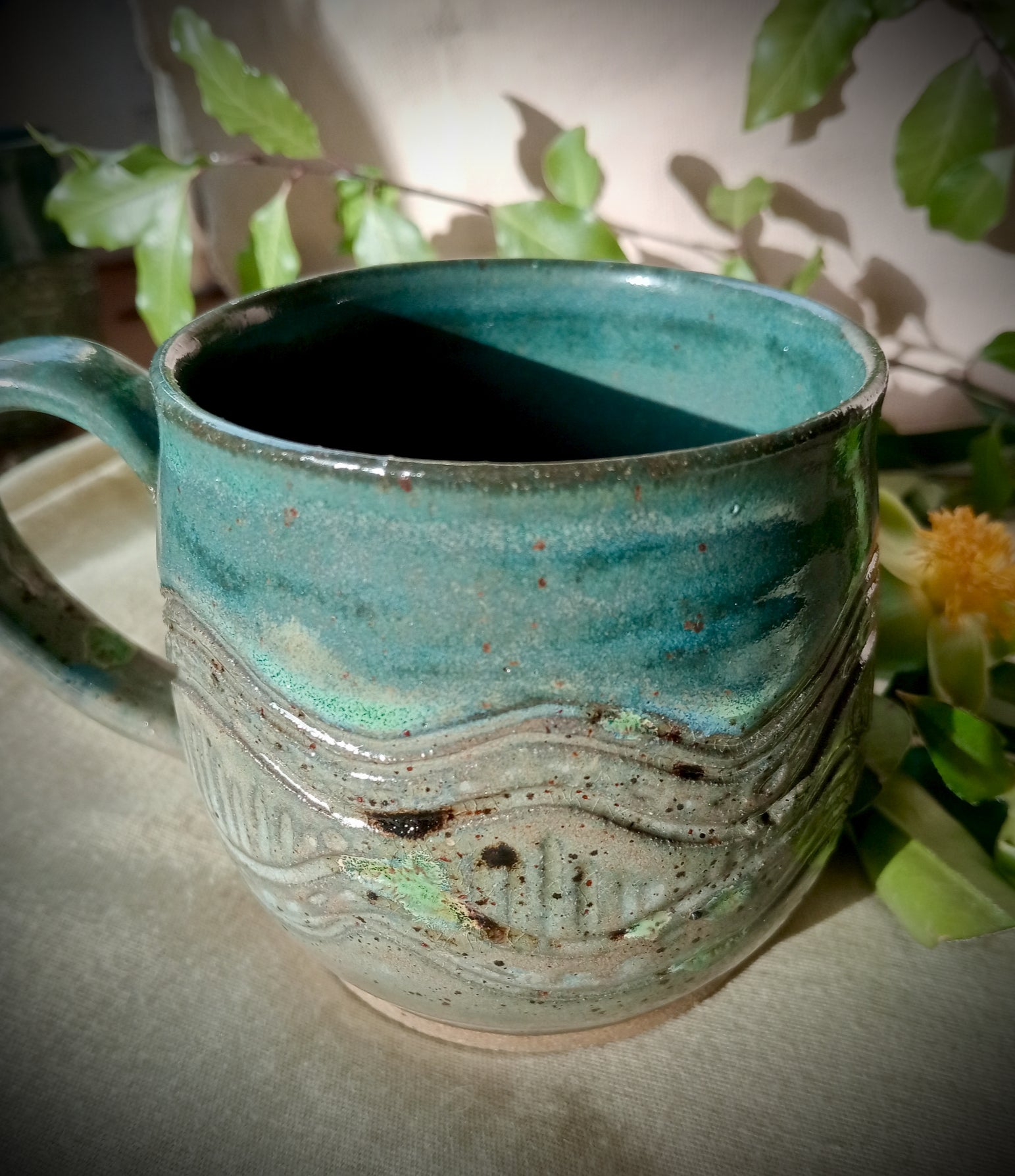 Turquoise and grey/green hand made mug